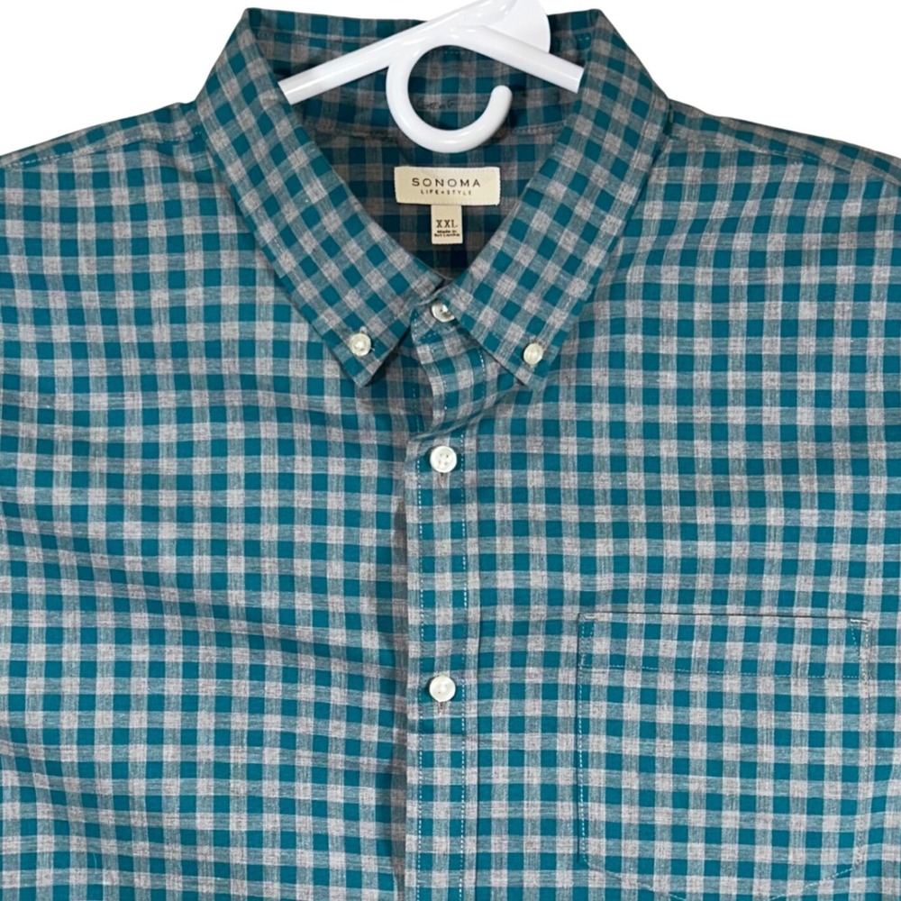 Sonoma Life Style Mens XXL Teal Grey Gingham Check Cotton Button Down Shirt